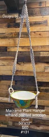 Macrame plant hanger w/hand painted wooden bowl (#131)