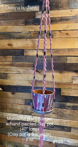 Pink macrame hanger w/hand painted clay pot (#133)