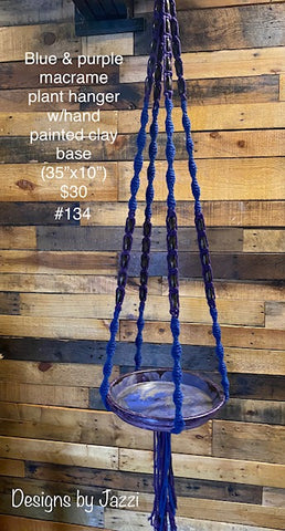 Blue & purple macrame hanger w/hand painted clay base (#134)